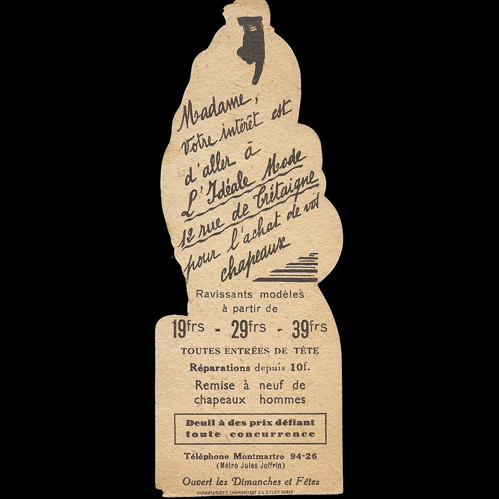 A l'Idéale Mode - Carte de la maison de chapeaux, 12 rue de Trétaigne à Paris (1920s)