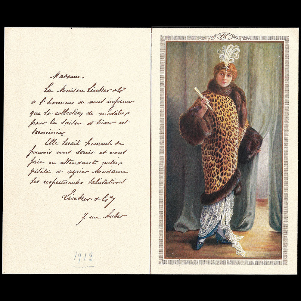 Amy Linker - Carte de la maison de couture, 7 rue Auber à Paris (1913)