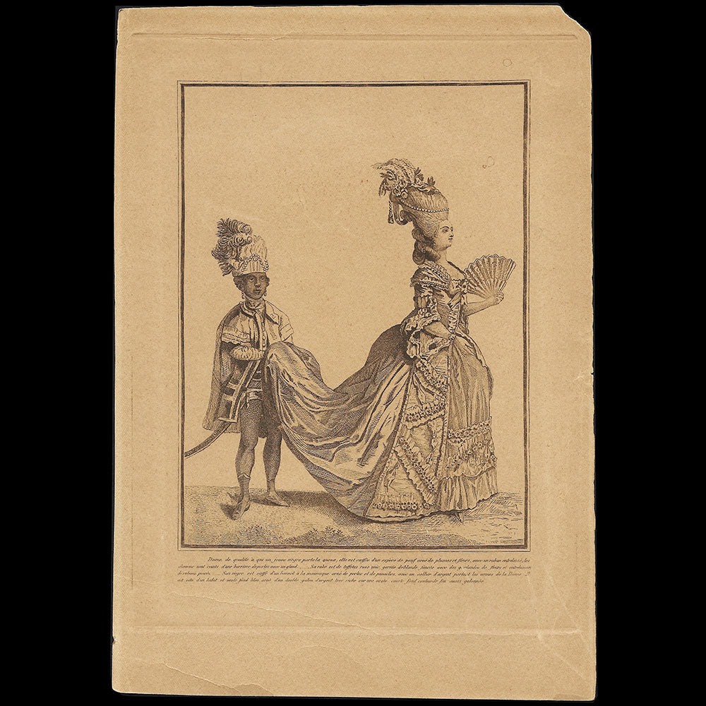 Gallerie des Modes et Costumes Français, 1778-1787, gravure n° T 109, Dame de Qualité (1779), copie inversée du XIXème siècle