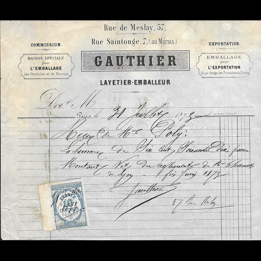 Gauthier - Facture du layetier - emballeur, 57 rue Meslay à Paris (1873)