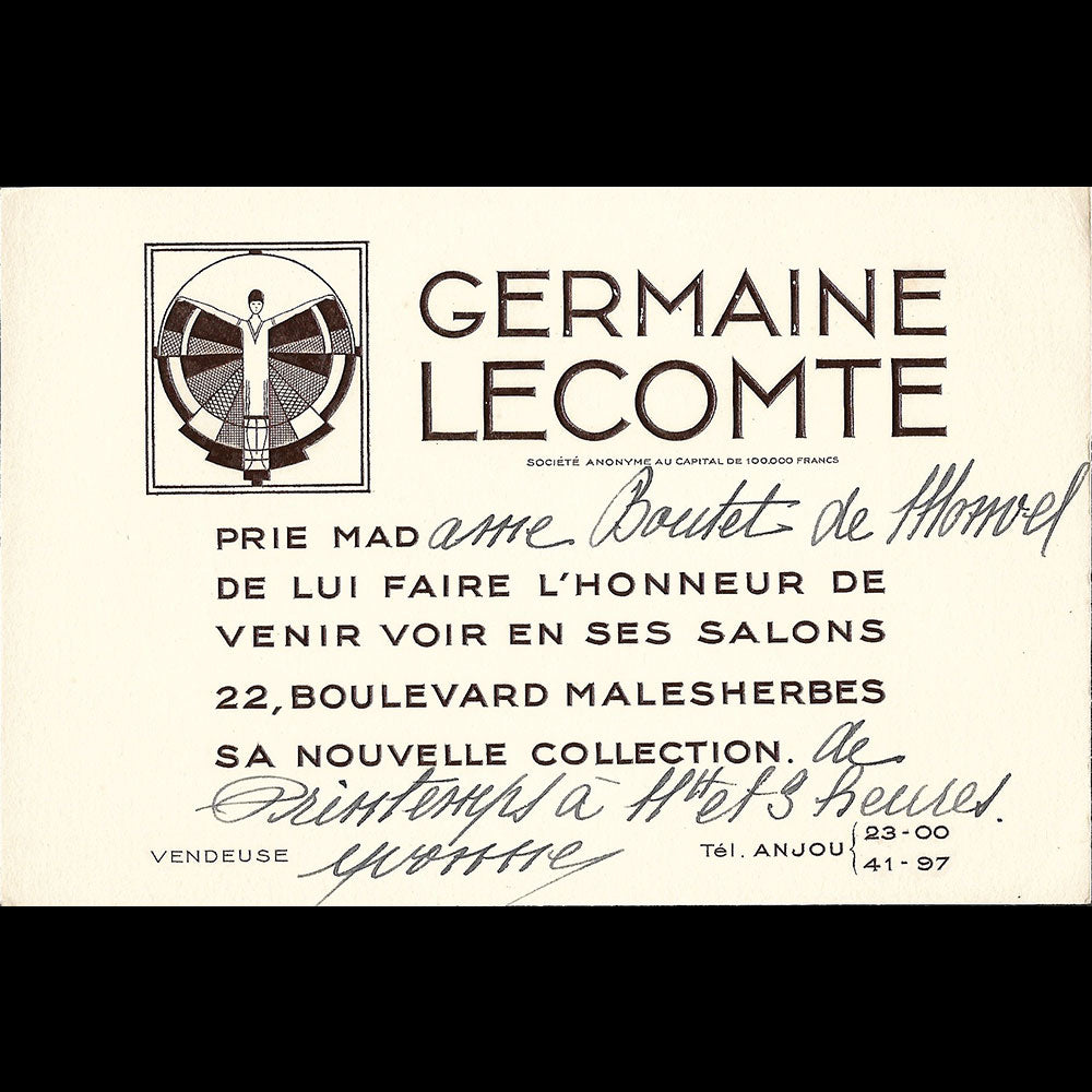 Germaine Lecomte - Carton d'invitation de la maison de couture, 22 boulevard Malesherbes à Paris (1950s)