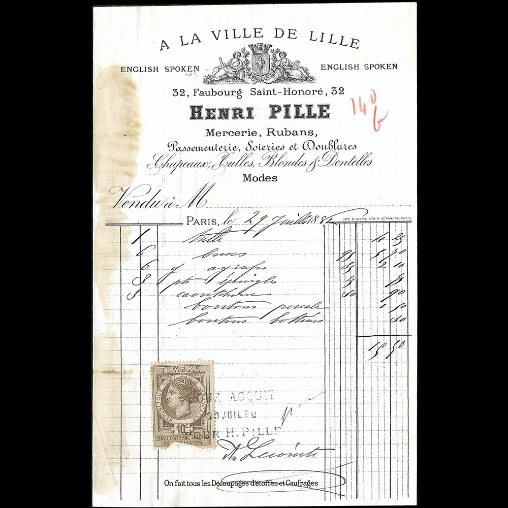 Henri Pille - Facture de la mercerie à la Ville de Lille, 32 Faubourg Saint-Honoré à Paris (1882)