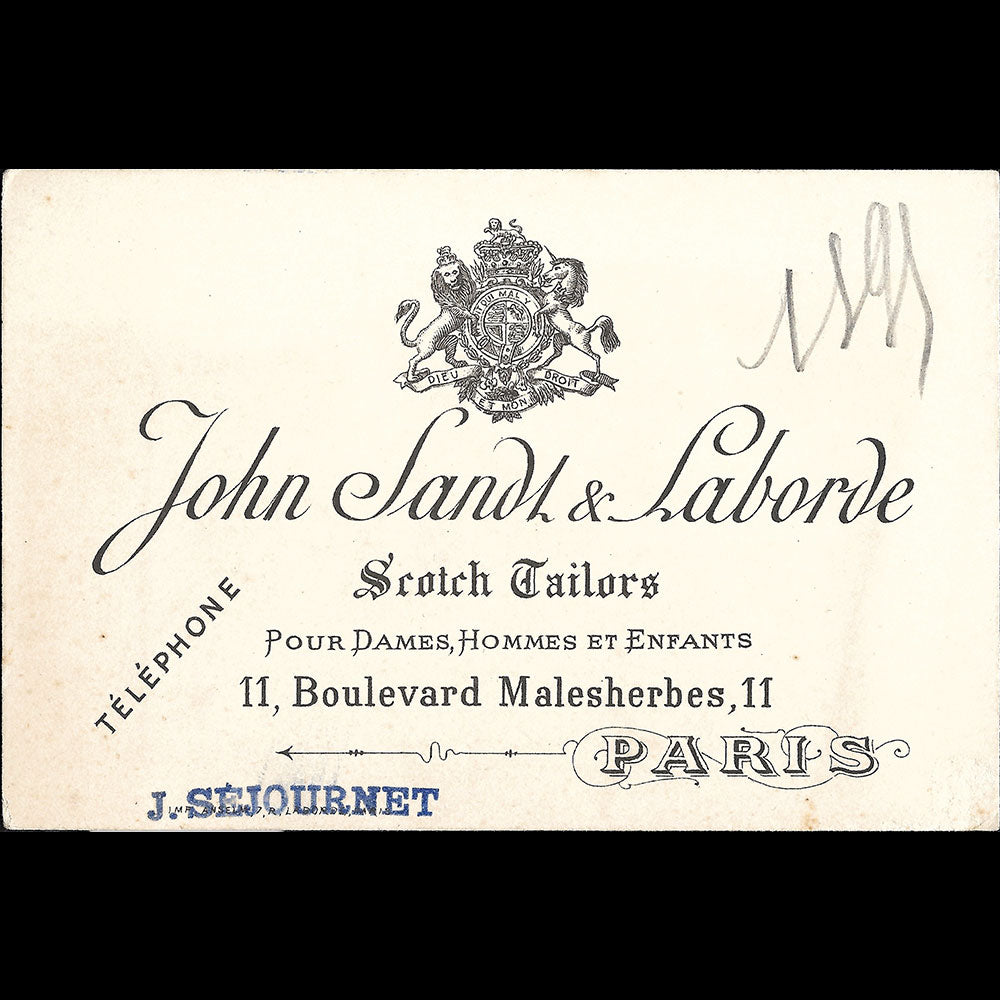 John Sands & Laborde - Carte du tailleur, 11 boulevard Malesherbes à Paris (1895)