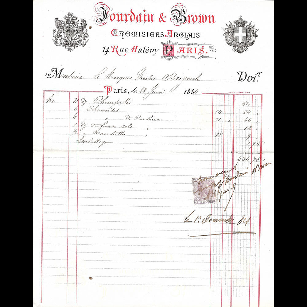 Jourdain & Brown - Facture des chemisiers anglais, 14 rue Halévy à Paris (1884)