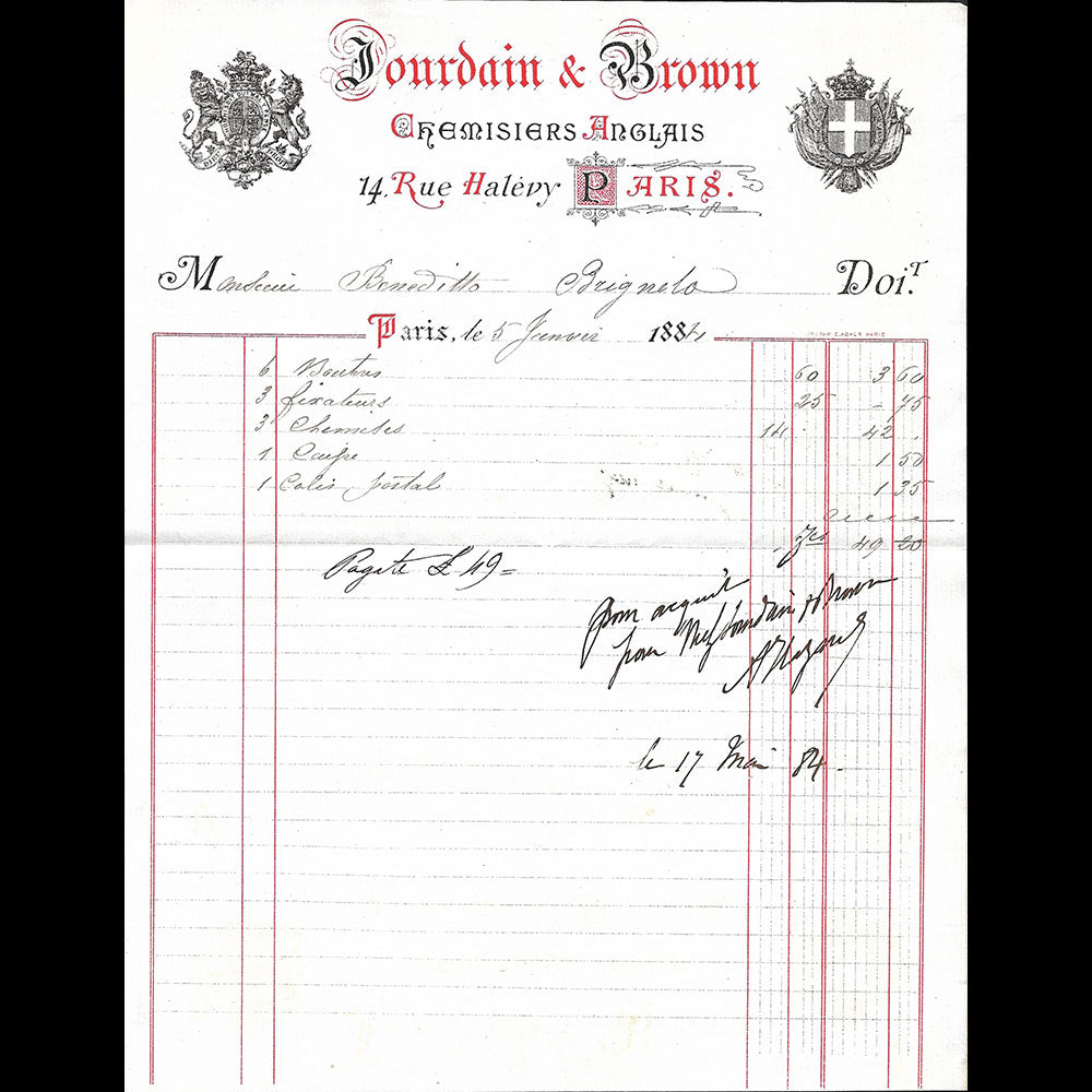 Jourdain & Brown - Facture des chemisiers anglais, 14 rue Halévy à Paris (1884)