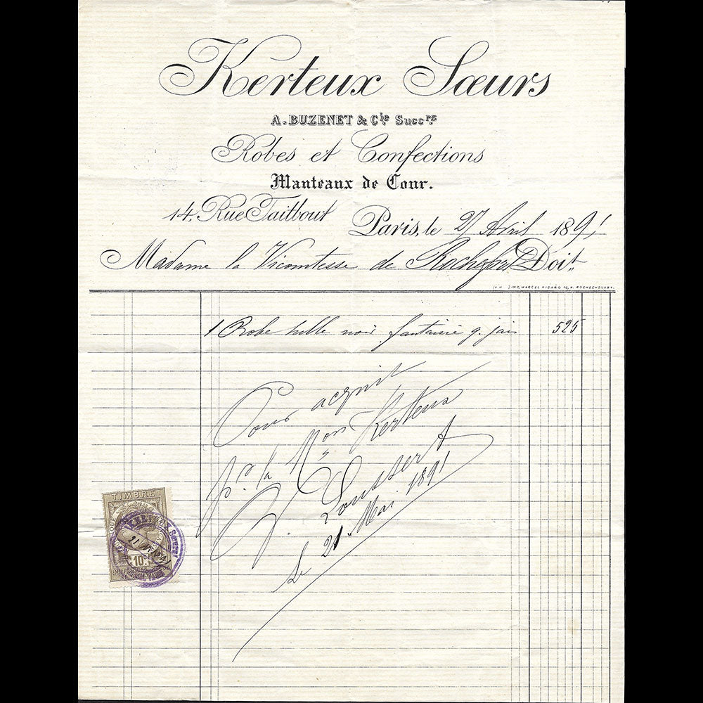 Facture des Soeurs Kerteux, Buzenet & cie successeurs, robes et confections, manteaux de cour, 14 rue Taitbout à Paris (1891)