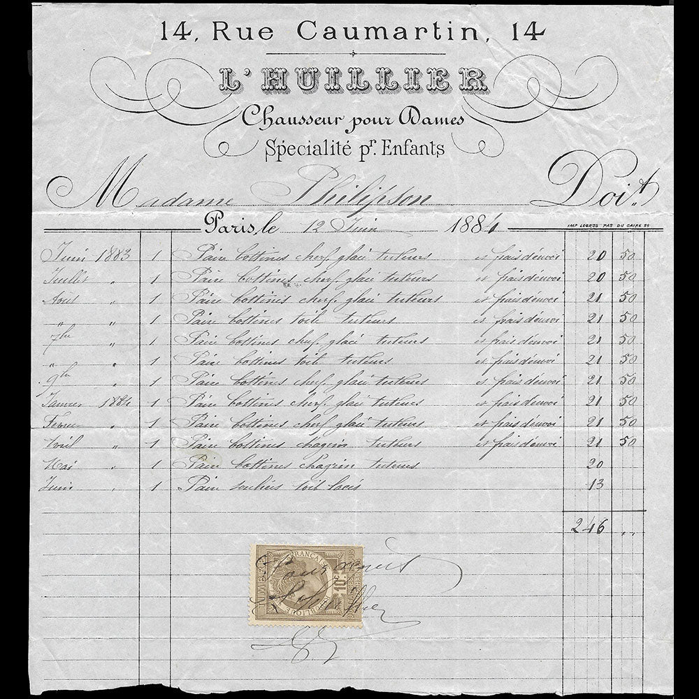 L'Huillier - Facture du chausseur pour dames et enfants, 16 rue Caumartin à Paris (1884)