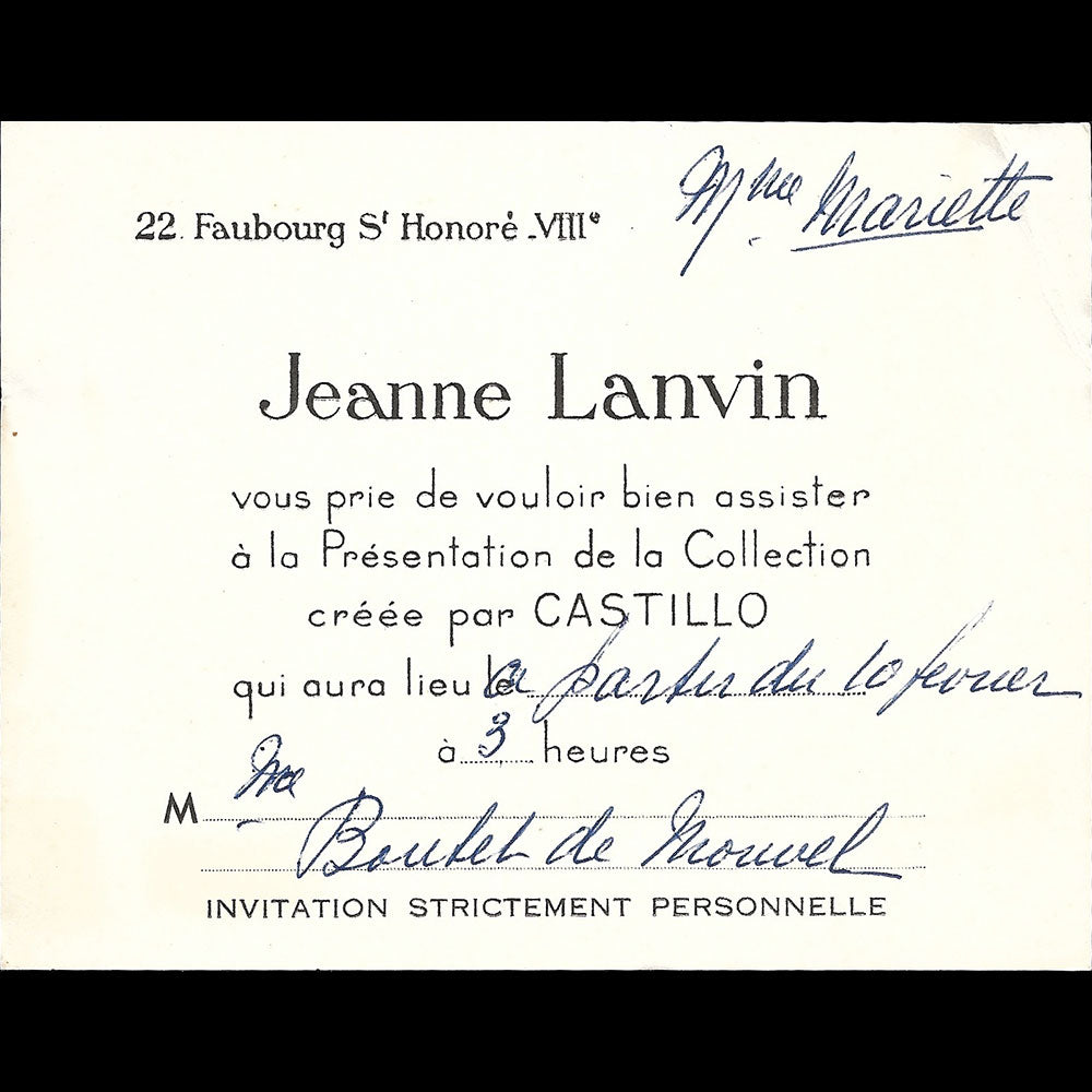 Jeanne Lanvin - Carton d'invitation de la maison de couture, 22 Faubourg Saint-Honoré à Paris (1950s)