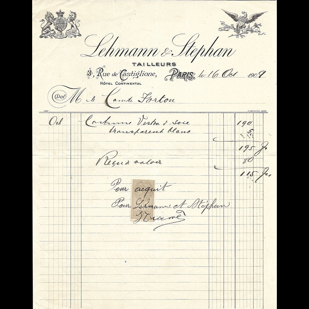 Lehmann & Stefan - Facture des tailleurs, 3 rue de Castiglione à Paris (1909)