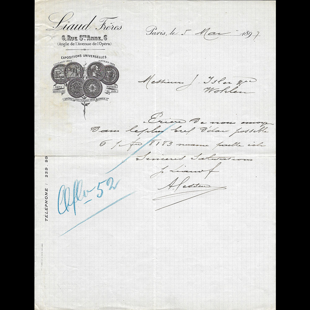 Liaud - Lettre de la maison, 6 rue Sainte-Anne Paris (1897)