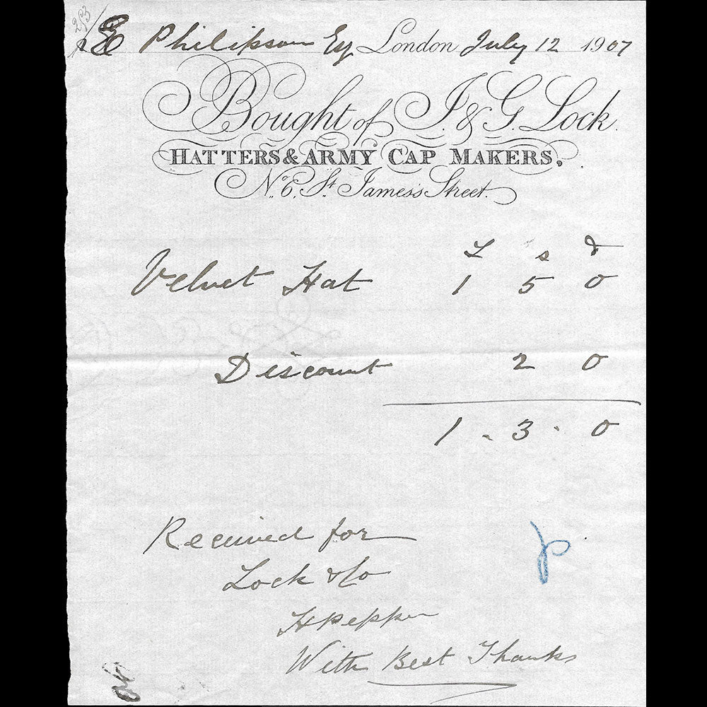 J. & G. Lock - Facture de la maison de chapellerie, 6 St James Street, London (1907)