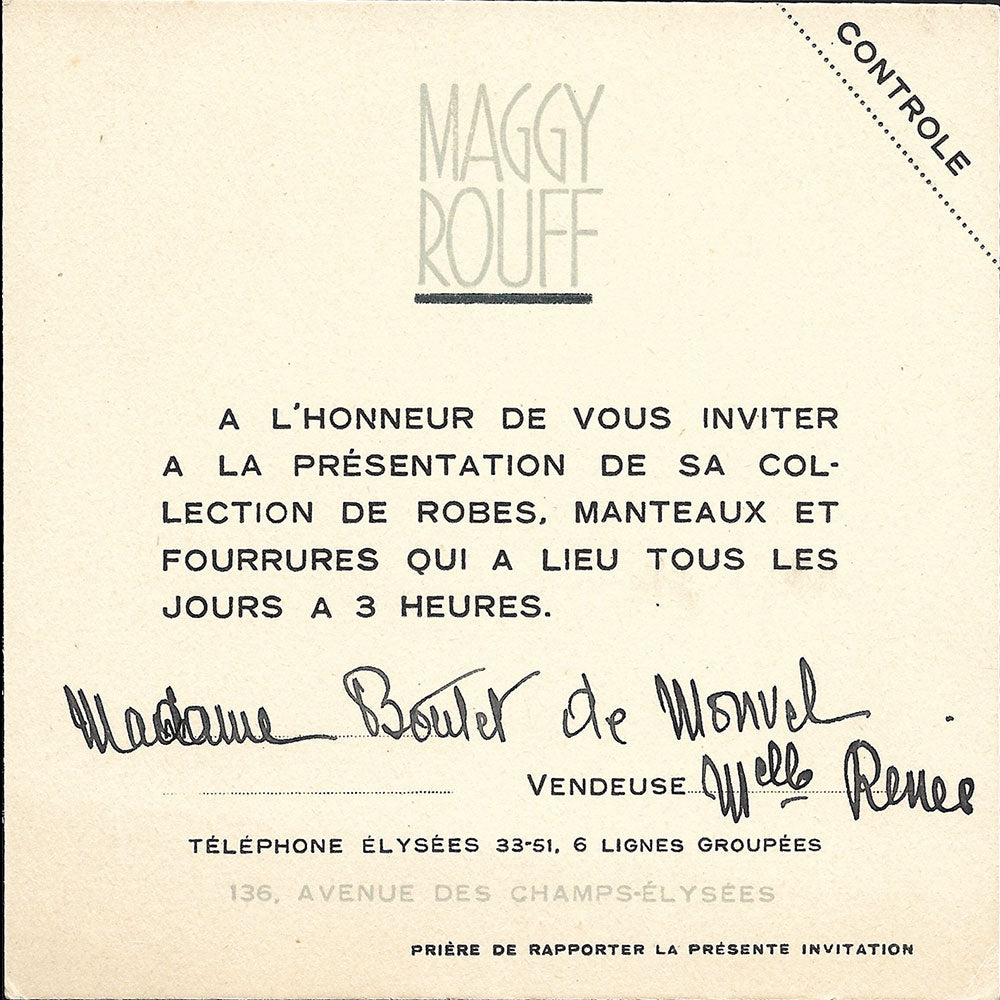 Maggy Rouff - Carton d'invitation de la maison de couture, 136 avenue des Champs-Elysées à Paris (1950s)