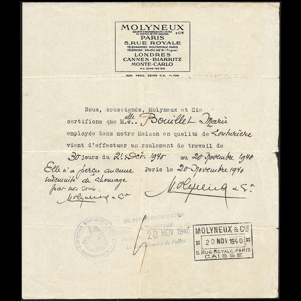 Molyneux - Certificat de travail d'une couturière (1940)