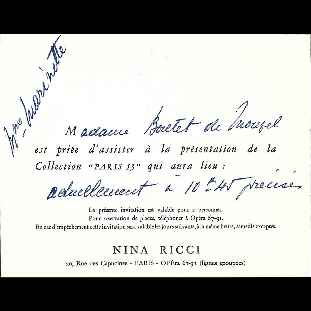 Nina Ricci - Carton d'invitation de la maison de couture, 20 rue des Capucines à Paris (1953)