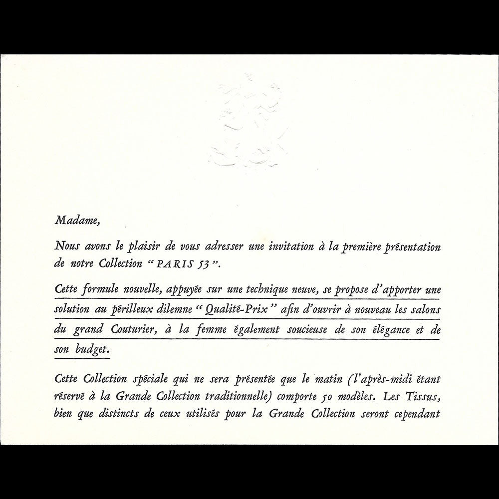 Nina Ricci - Carton d'invitation de la maison de couture, 20 rue des Capucines à Paris (1953)