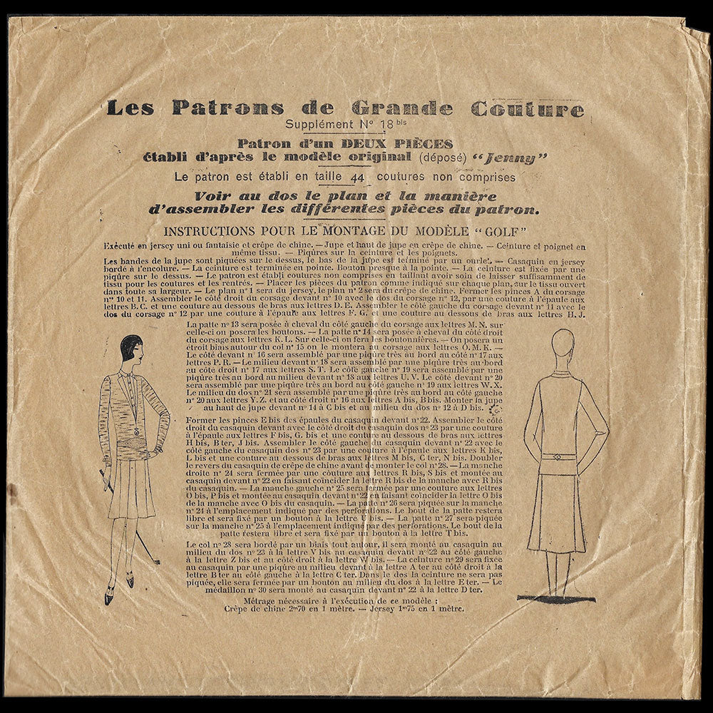 Les Patrons de Grande Couture - Numéro 18, patron de l'ensemble Golf de Jenny (1928)