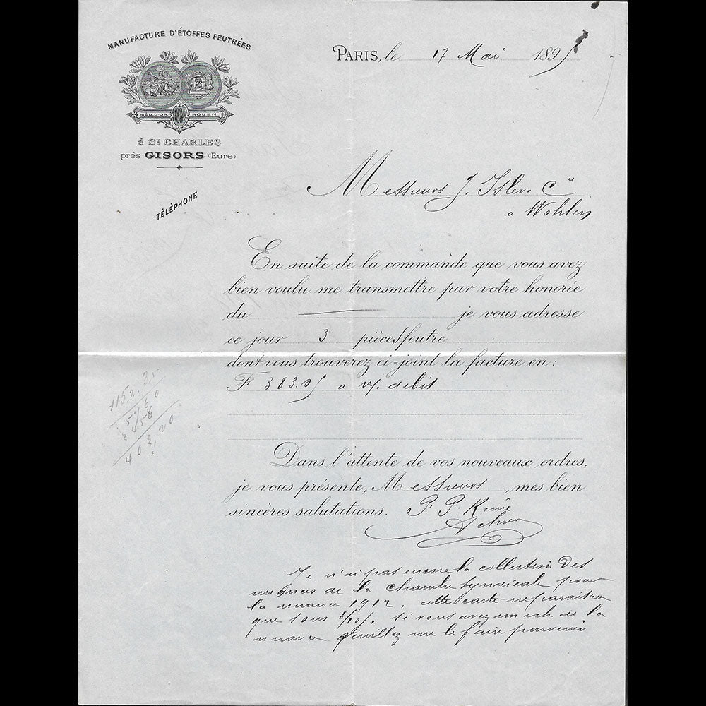 Paul Rime - Manufacture de feutres, 16 rue Etienne Marcel Paris (1895)