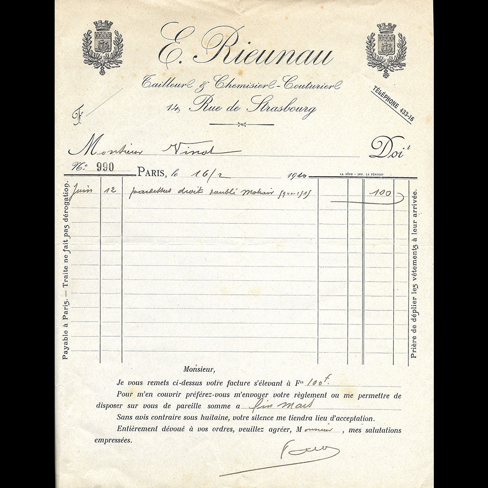 E. Rieunau - Facture du tailleur, chemisier, couturier, 14 rue de Strasbourg à Paris (1910)