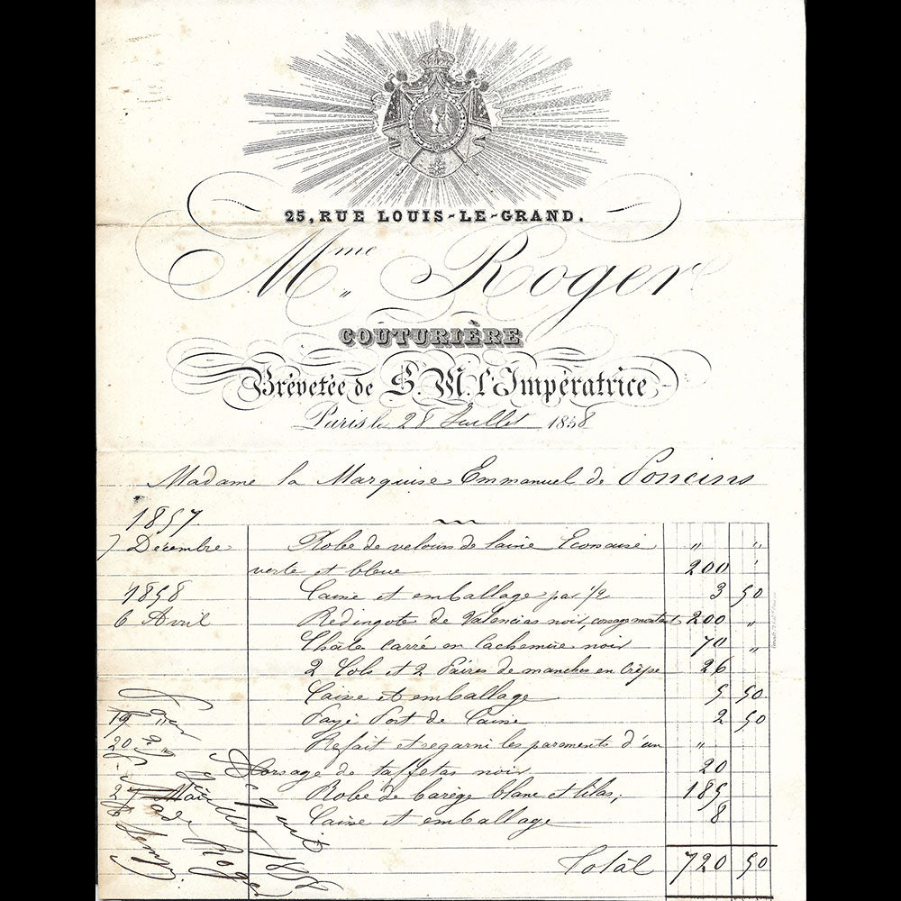 Mme Roger - Facture de la couturière, 25 rue Louis Le Grand à Paris (1858)