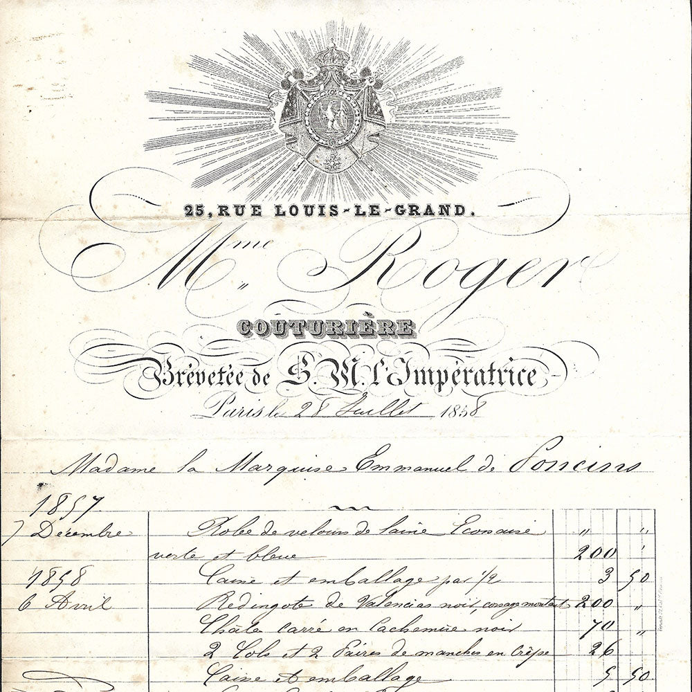 Mme Roger - Facture de la couturière, 25 rue Louis Le Grand à Paris (1858)