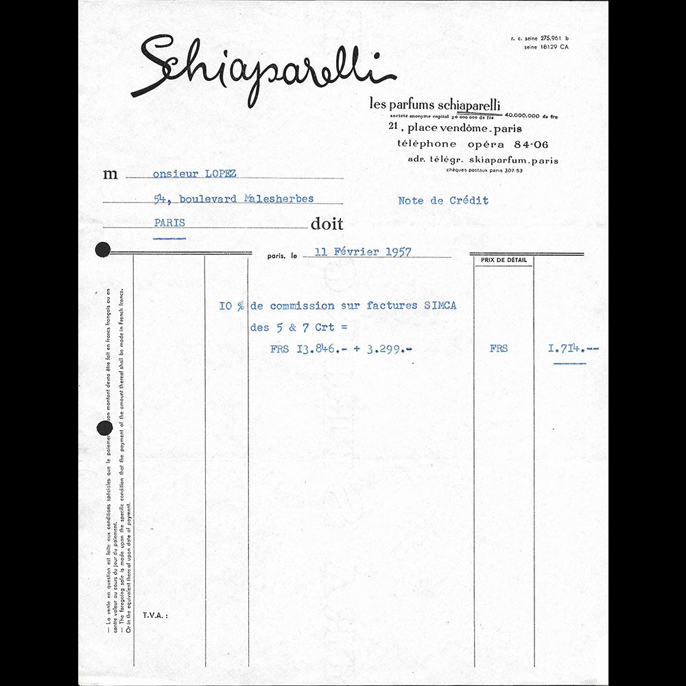 Schiaparelli Parfums - Lettre de la maison de parfums, 21 place Vendôme à Paris (1957)
