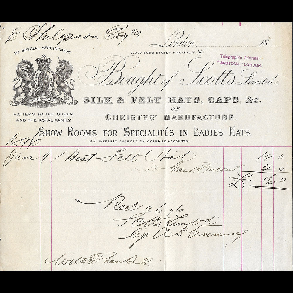 Scotts - Facture de la maison de chapellerie, 1 Old Bond Street, London (1896)