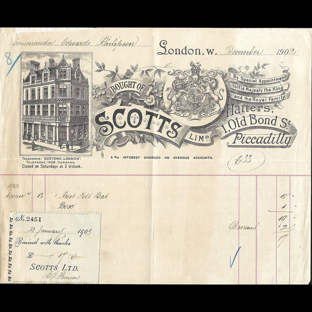 Scotts - Facture de la maison de chapellerie, 1 Old Bond Street, London (1902)