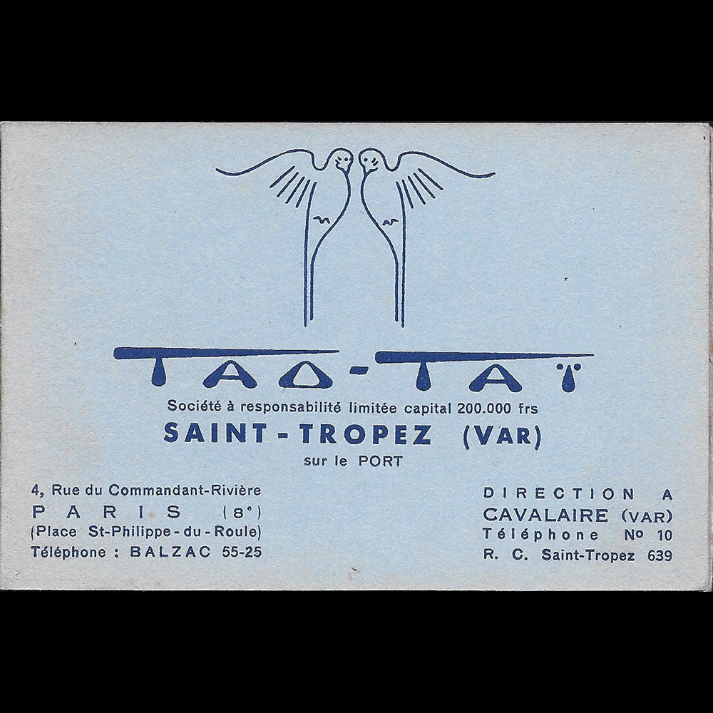 Tao-Tai - Carte de la maison de couture, Saint-Tropez (1932)