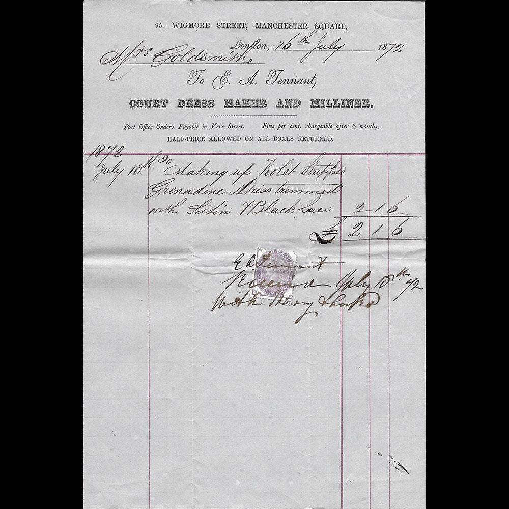 E. A. Tennant - Facture de la maison de couture et de modes, 95 Wigmore Street, London (1872)