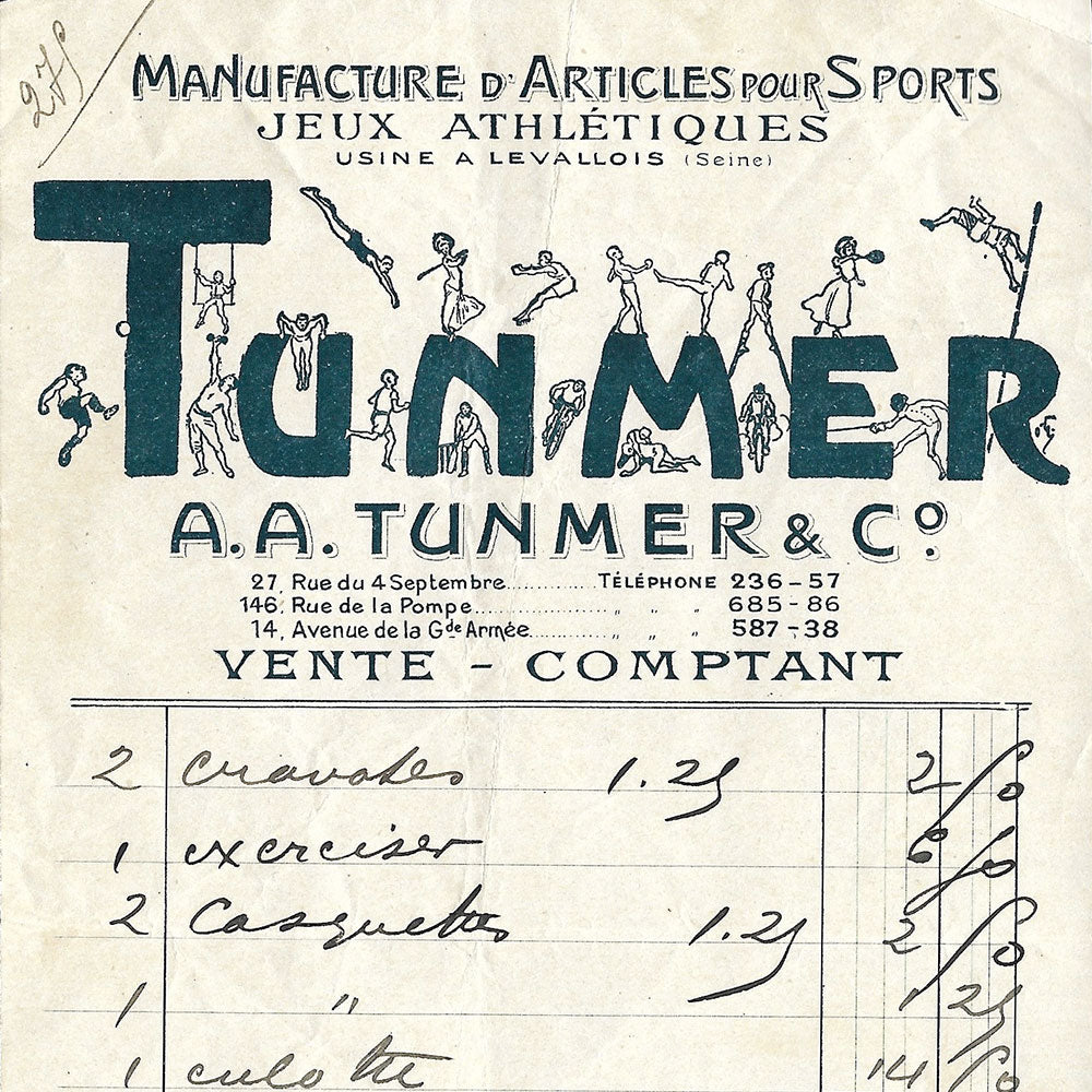 Tunmer - Facture de la manufacture d'articles pour sport (1910s)