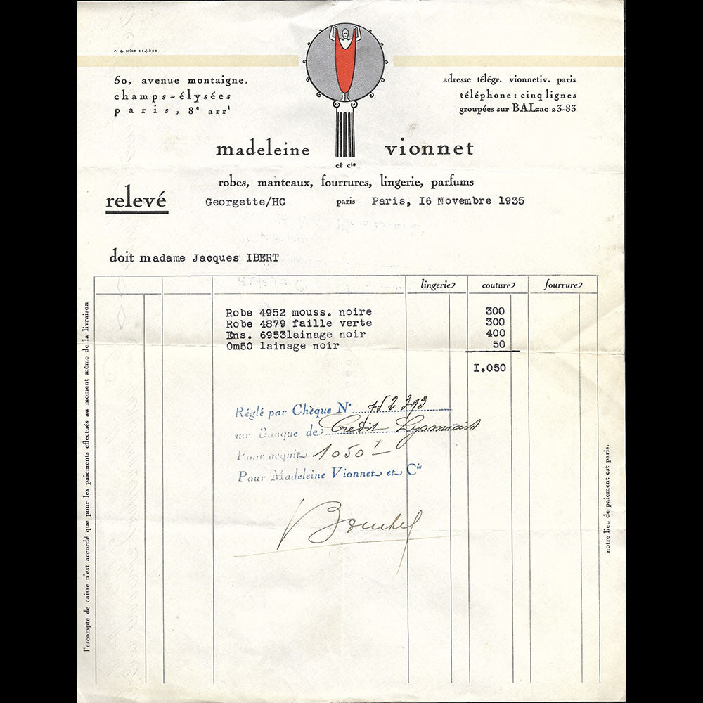 Vionnet - Facture, 50 avenue Montaigne à Paris (1935)