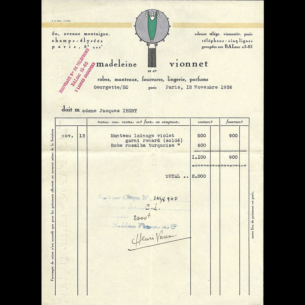 Vionnet - Facture, 50 avenue Montaigne à Paris (1936)