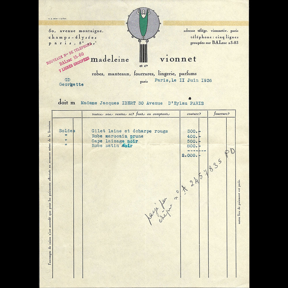 Vionnet - Facture, 50 avenue Montaigne à Paris (1936)