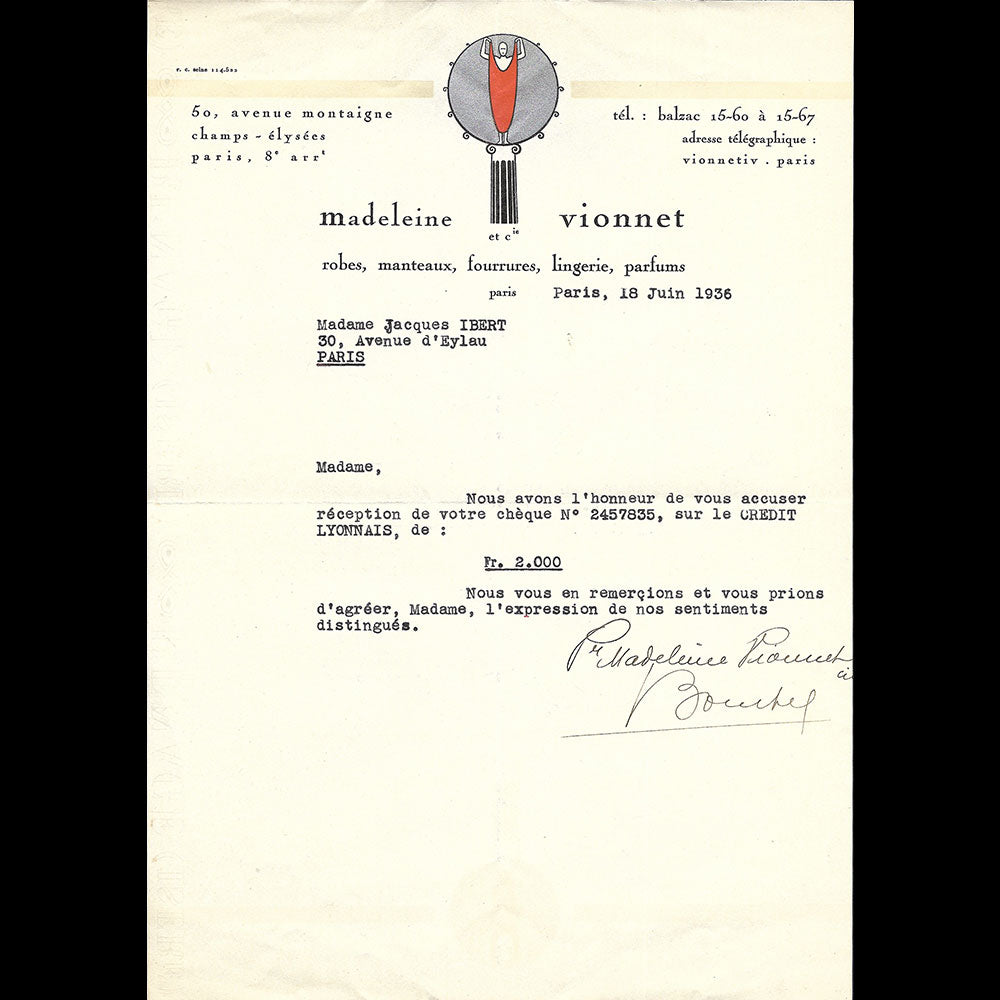 Vionnet - Facture, 50 avenue Montaigne à Paris (1936)