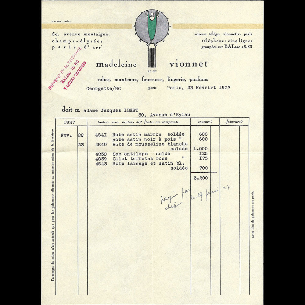 Vionnet - Facture, 50 avenue Montaigne à Paris (1937)