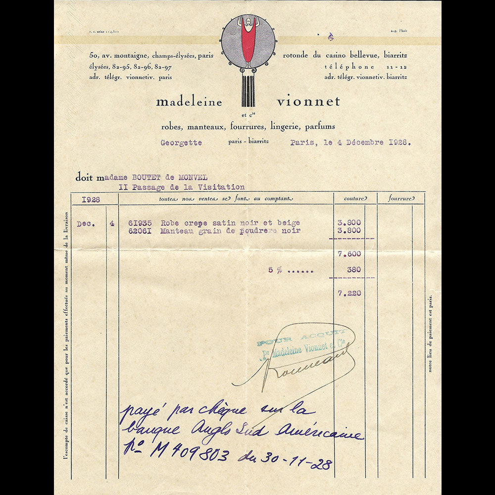 Vionnet - Facture, 50 avenue Montaigne à Paris (1928)
