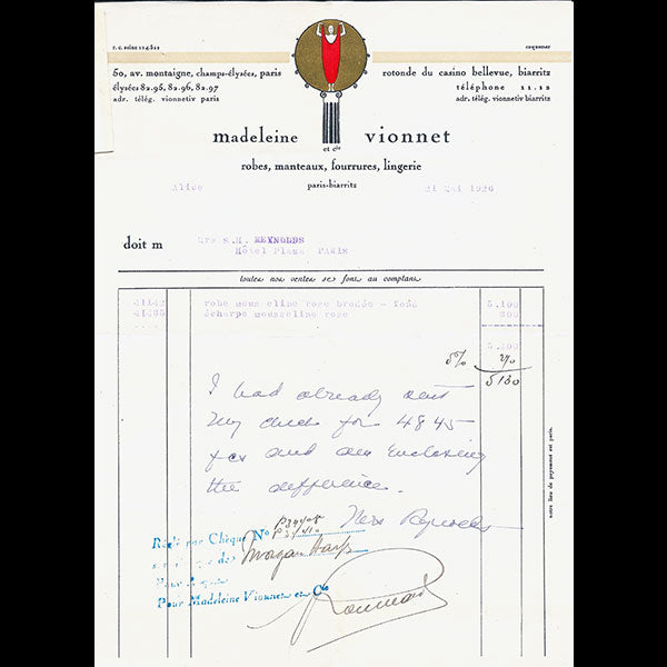 Vionnet - Facture, 50 avenue Montaigne à Paris (21 mai 1926)