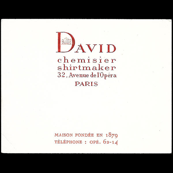 David - Carte du chemisier - shirtmaker, 32 avenue de l'Opéra à Paris (1920s)