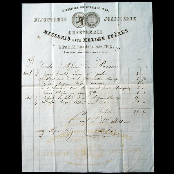 Mellerio, dit Meller frères - Facture de la maison de Bijoutierie, Joaillerie et orfèvrerie, 9 rue de la Paix à Paris (1859)