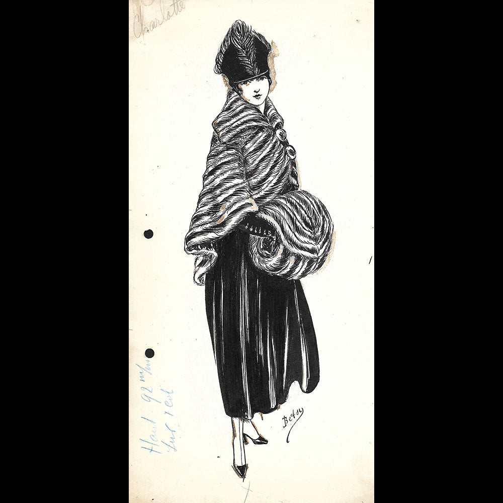 Fourrures Max - Réunion de 13 dessins de manteaux de fourrure par Betsy (circa 1915-1920)