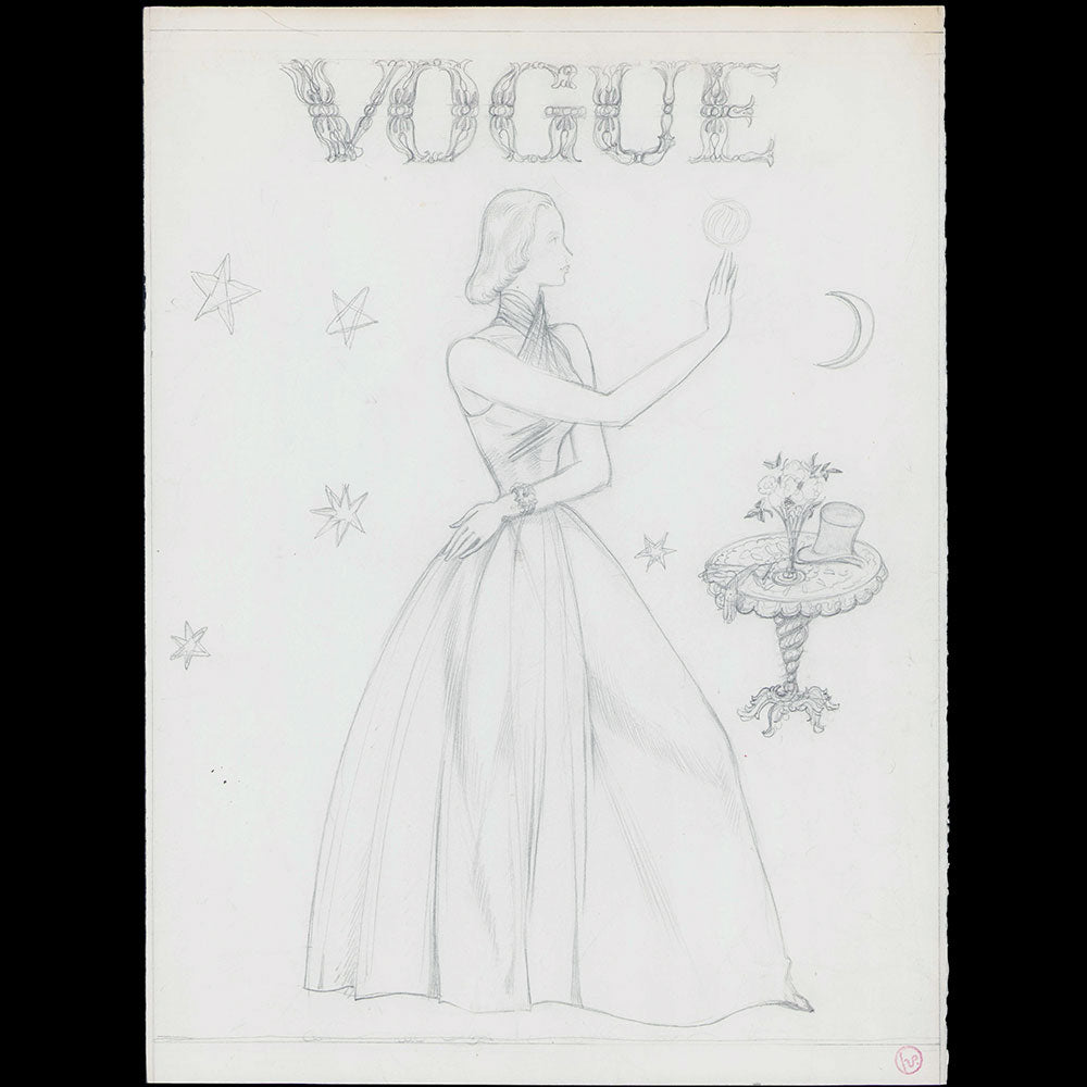 Lepape - L'Illusionniste, Elégante aux étoiles, projet de couverture pour Vogue, dessin de Georges Lepape (1938)