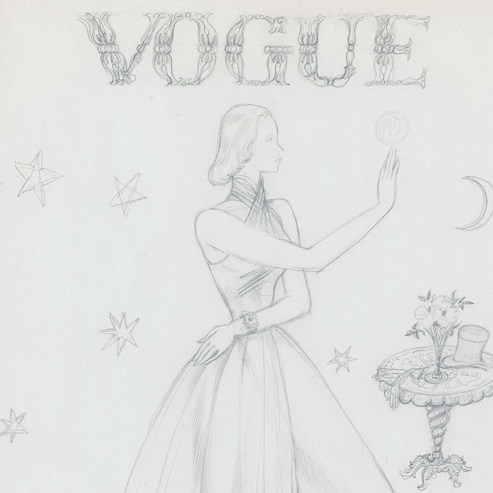 Lepape - L'Illusionniste, Elégante aux étoiles, projet de couverture pour Vogue, dessin de Georges Lepape (1938)