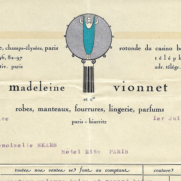 Vionnet - Facture, 50 avenue Montaigne à Paris (1er juin 1928)