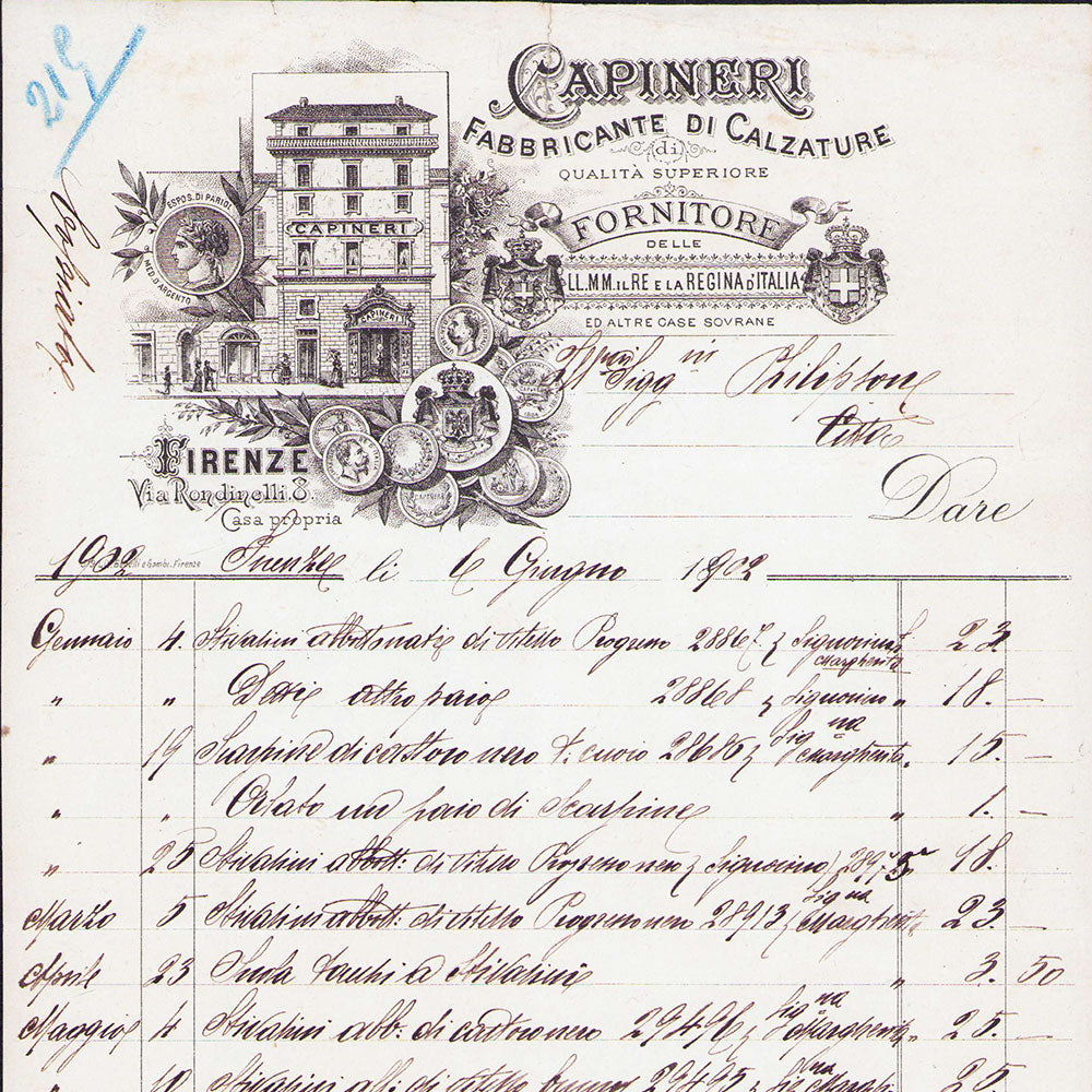 Capineri - Facture de la maison de chapeaux, Via Rondinelli, Firenze (1902)
