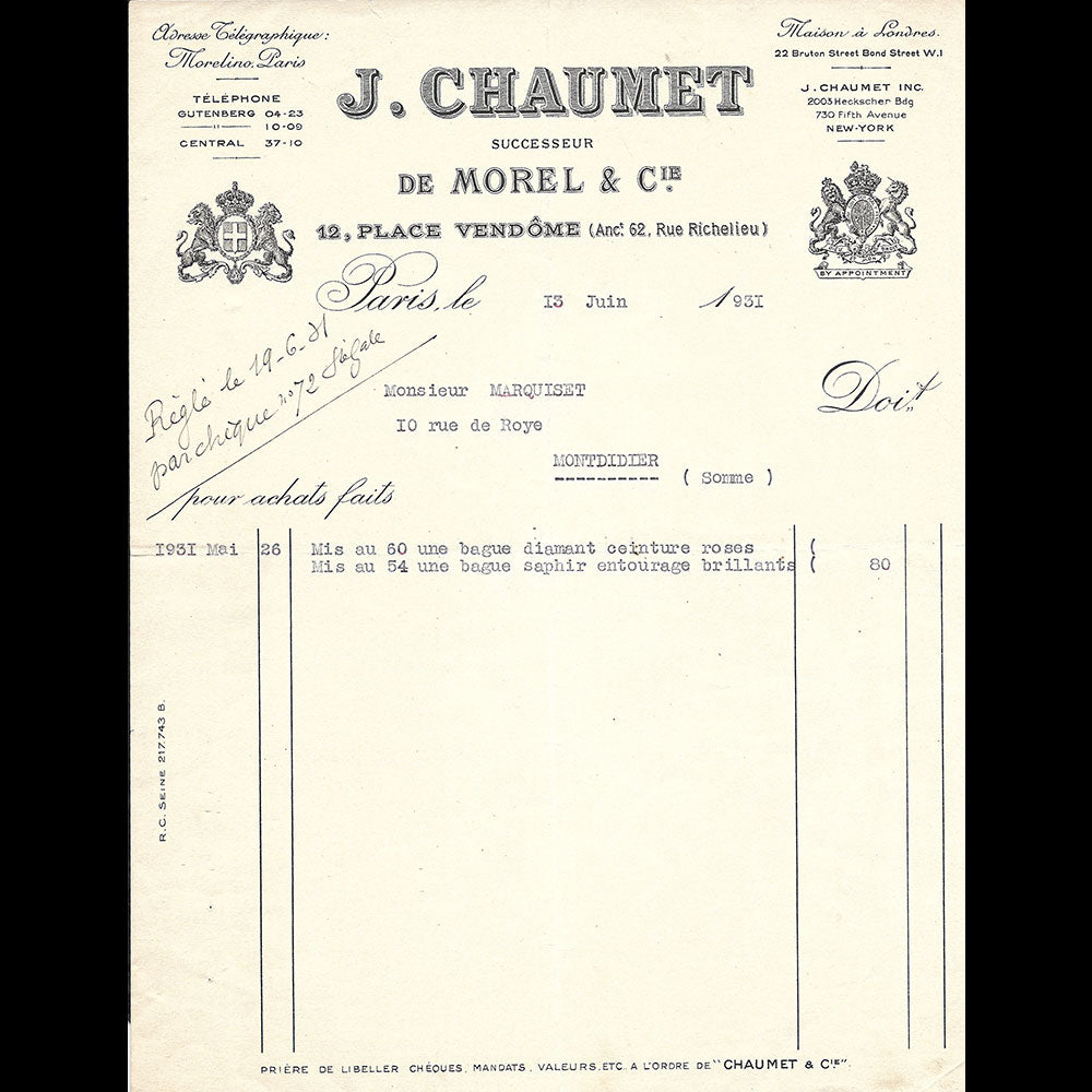 Chaumet -Facture de la maison de joaillerie, 12 place Vendôme à Paris (1931)
