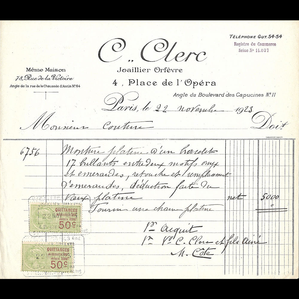 C. Clerc  - Facture de la maison de joaillerie et d'orfèvrerie, 4 place de l'Opéra, Paris (1923)
