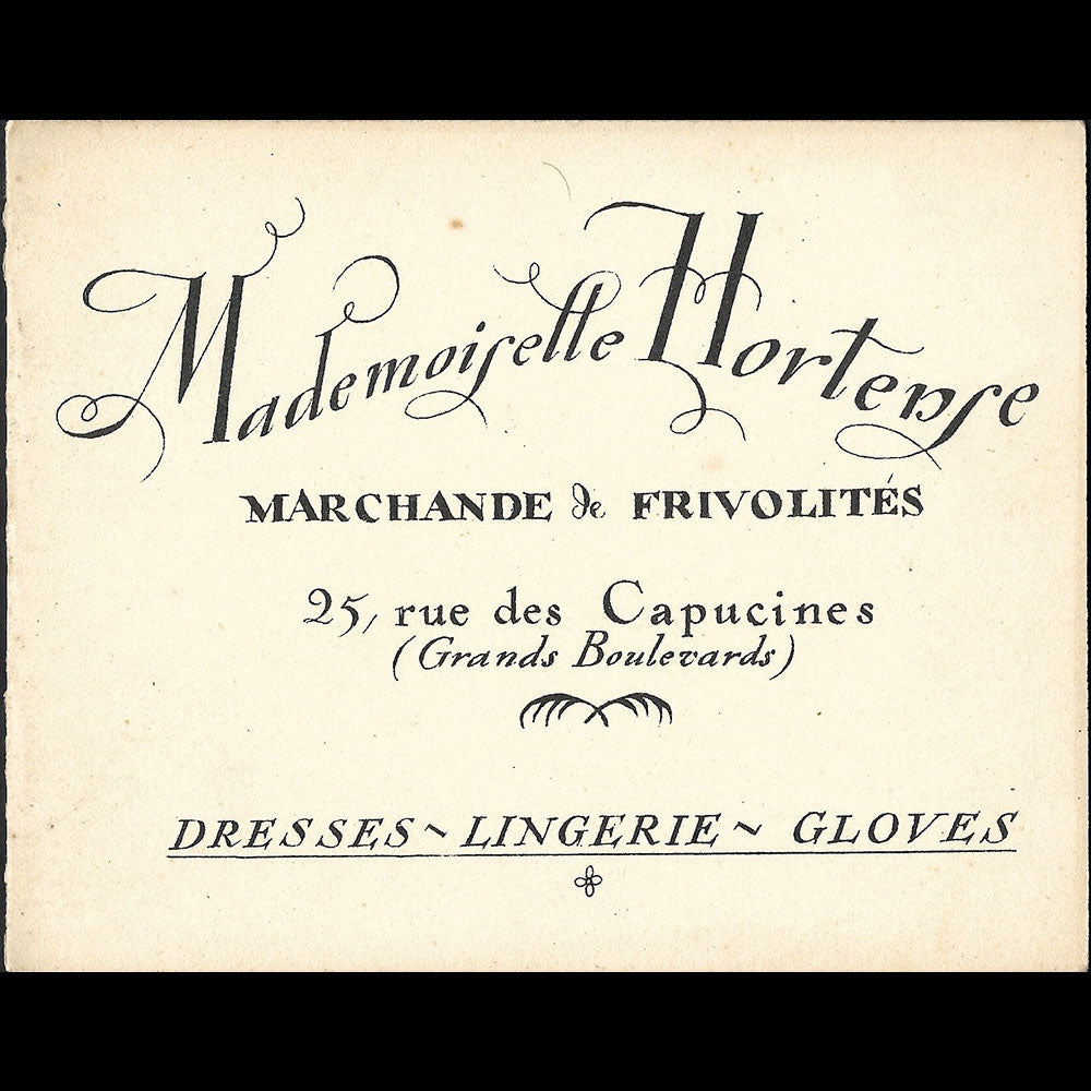Mademoiselle Hortense - Carte de la marchande de frivolités, 25 rue des Capucines à Paris  illustrée par Pierre Brissaud (1920s)