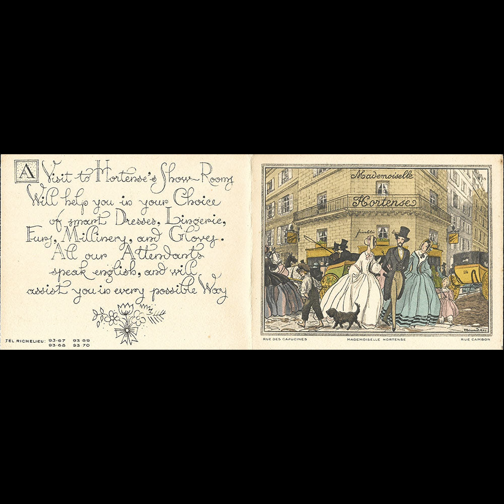 Mademoiselle Hortense - Carte de la marchande de frivolités, 25 rue des Capucines à Paris  illustrée par Pierre Brissaud (1920s)