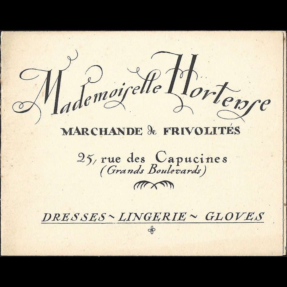 Mademoiselle Hortense - Carte de la marchande de frivolités, 25 rue des Capucines à Paris  illustrée par Pierre Brissaud (1920s)