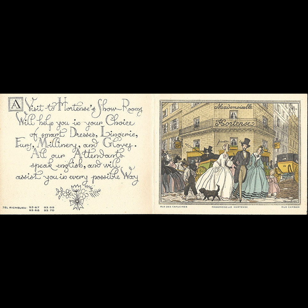 Mademoiselle Hortense - Carte de la marchande de frivolités, 25 rue des Capucines à Paris  illustrée par Pierre Brissaud (1920s)